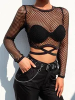 Sexy nouveau maille Goth à manches longues t-shirt femmes creux transparent résille hauts été chemise décontractée Streetwear vêtements pour femmes 4