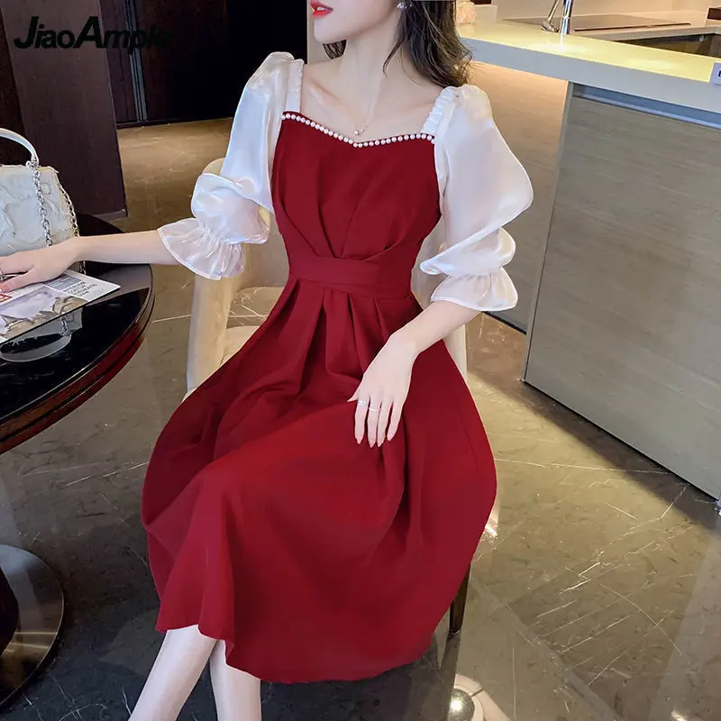 Evening Dress Korean | Red Dresses Women | Dress Evening Red Pearl - 2023 Summer -