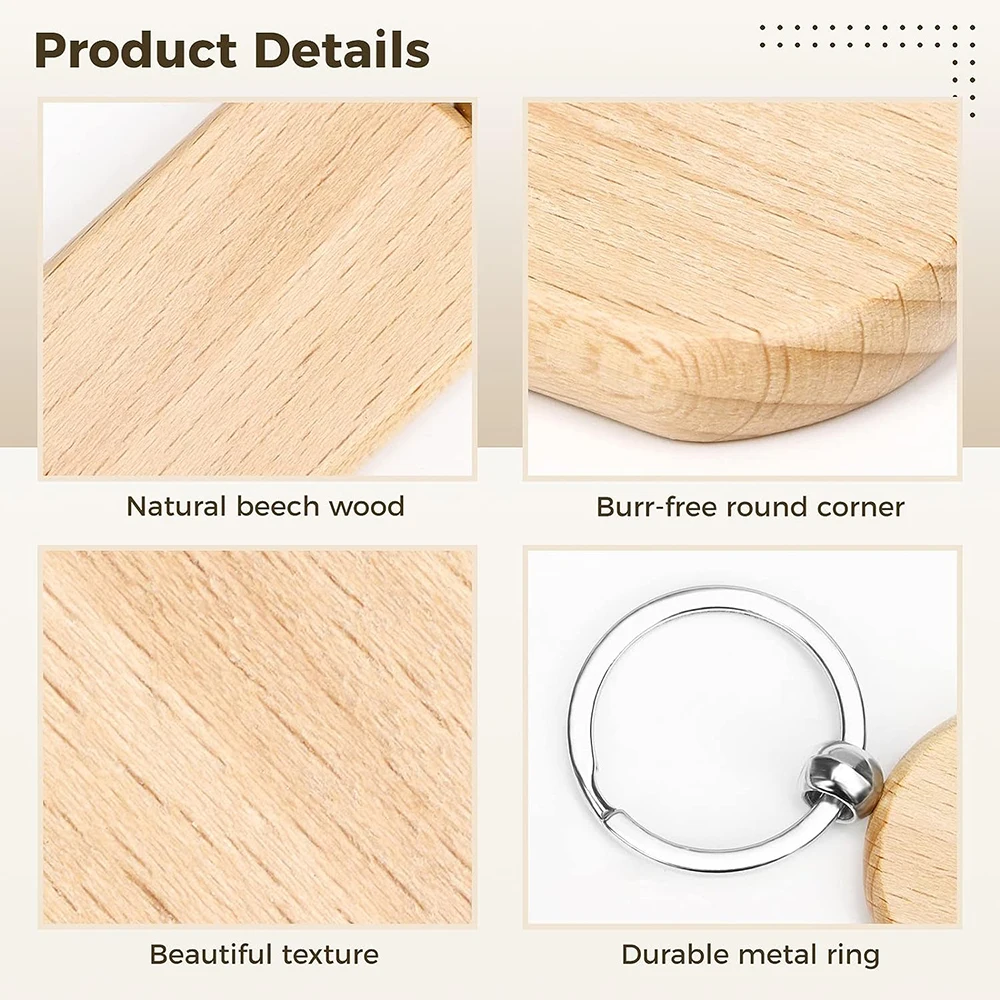 50pcs Blank Wood Keychains for Personalized Crafts Unfinished Rectangular Wood Key Tag Blanks DIY Key Chains