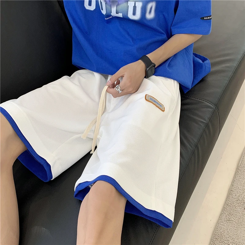 Men Waffle Patchwork Handsome Sport Shorts Loose Fitness Knee Length Shorts Designer Drawstring Hip Hop Straight Ulzzang Shorts