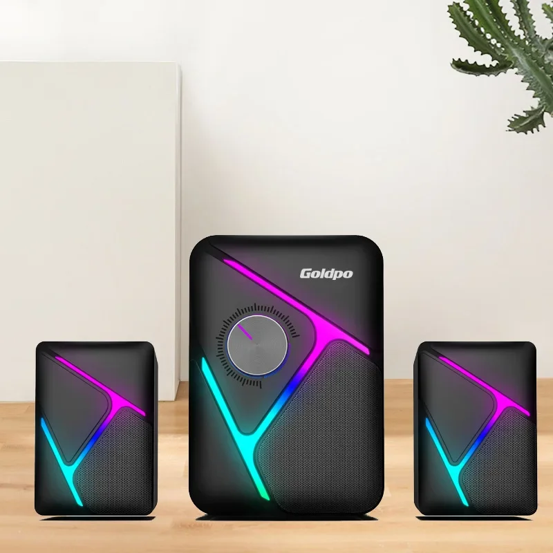 골드포 2.1 채널 RGB 게이밍 스피커 (서브우퍼 포함) 화려한 LED 조명 데스크탑 스피커 (PC, 노트북 게임, 영화, 음악용)