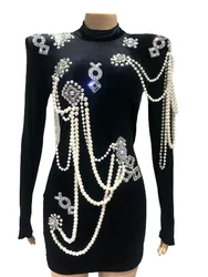 Handmade Bead Velvet Dress 2023 FashionNew Beading String Pearl Badge Long SleeveWedding Party Black Pencil Birthday Dress