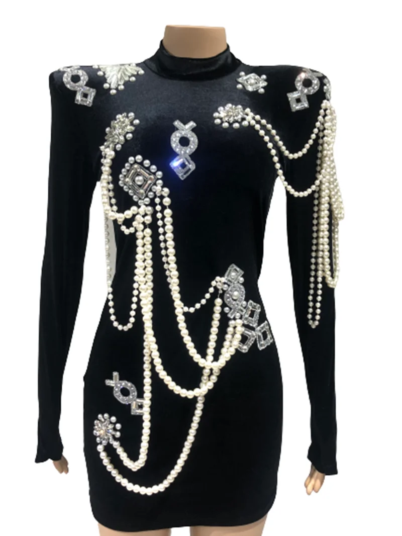 Handmade Bead Velvet Dress 2023 FashionNew Beading String Pearl Badge