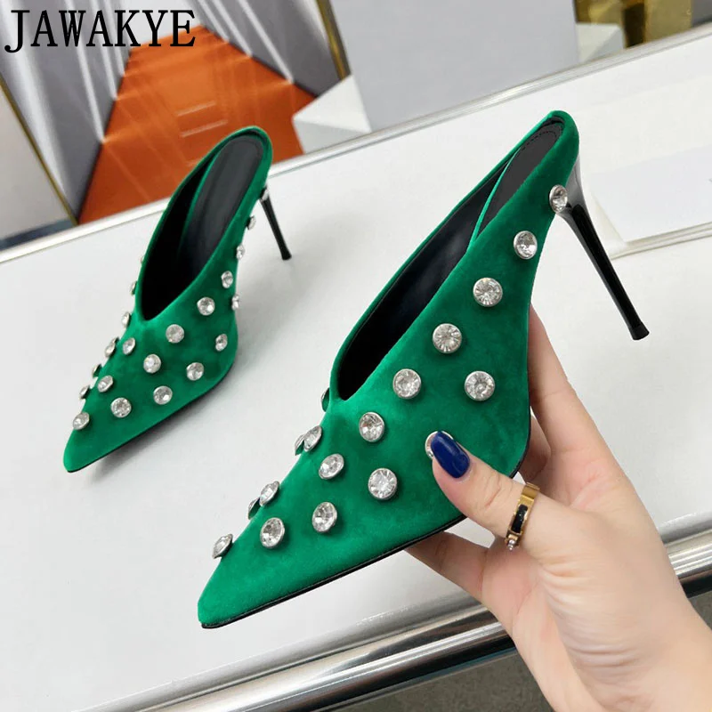 

Luxury brand women's diamond inlaid velvet slippers summer ladies high heels slippers banquet formal dress party shoes