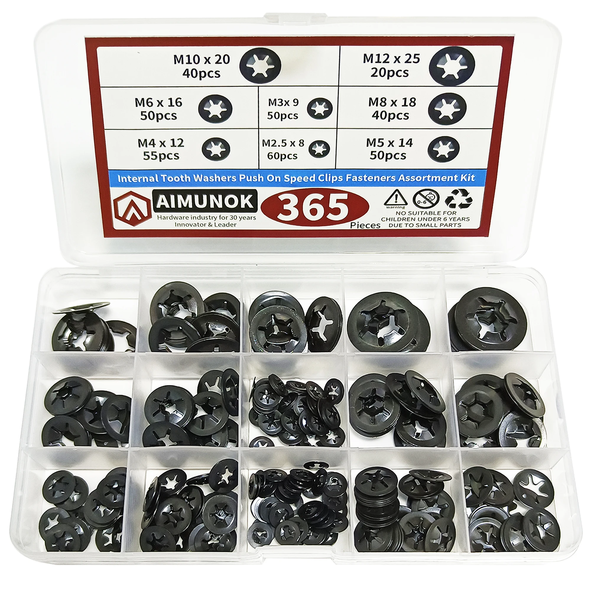 365PCS Internal Tooth Starlock Washers, 8 Sizes Push On Speed Clips Fasteners Assortment Kit, 65 Mn Steel Black Oxide Finish