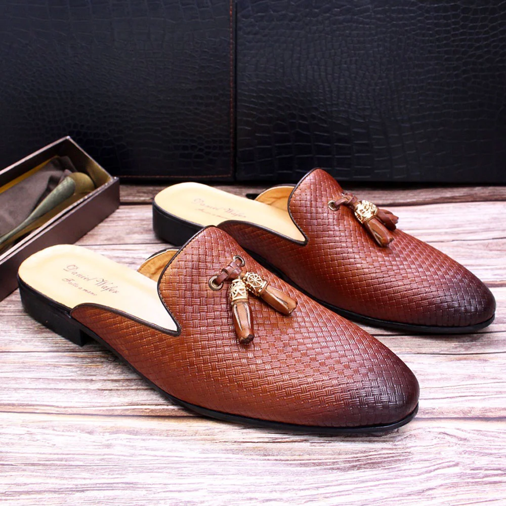 

Brand Half Shoes for Men Genuine Leather Brown Blue Flat Mules Black Casual Shoes Mens Fashion Mocassin Homme Chaussure
