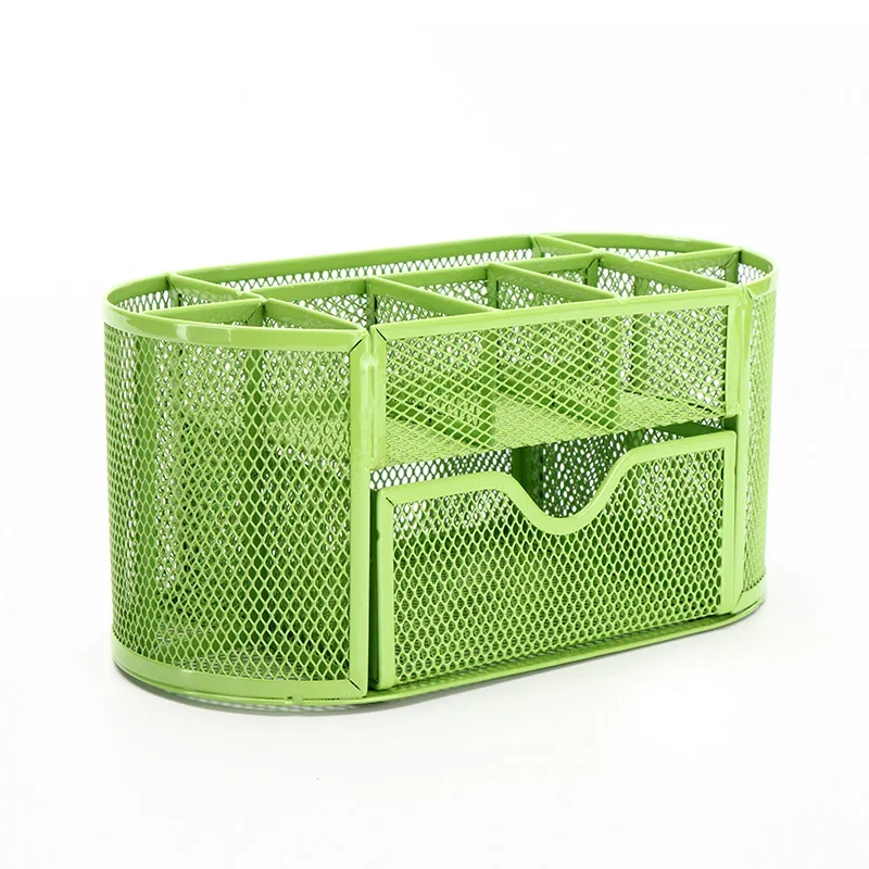 Pencil Holder 9 Compartments Pen Case Desktop Metal Mesh Stationery Storage Box With Drawer Teacher Supplies Organizer, pen holder, stationery storage box