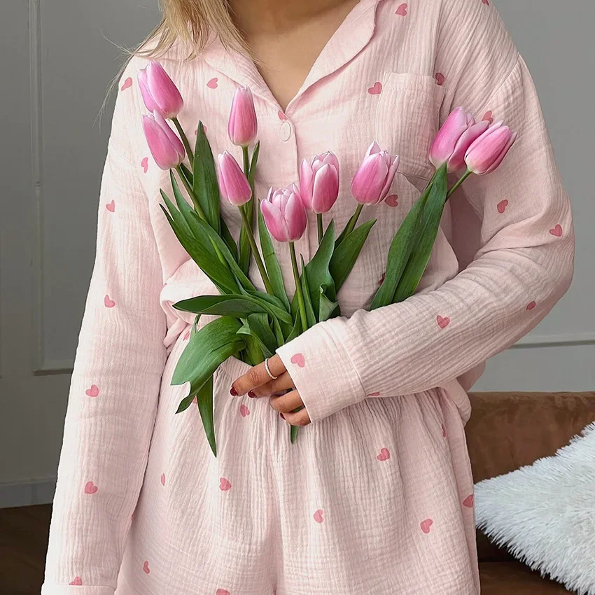 2024 Fashion Cotton Heart Pattern Linen Ruffle Shirt Shorts Two Piece Set soft Women Long Sleeve sleepwear Short with Pocket