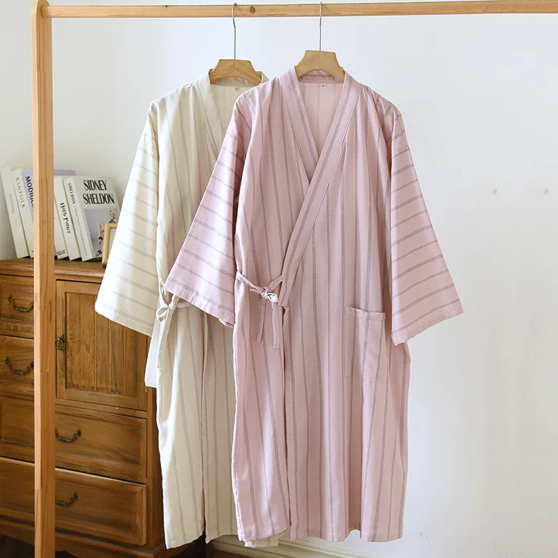 Spring Summer Women and Men Japanese Kimono Sleep Robe Gauze Cotton Couples Casual Striped Nightgown Home Pajama Robe