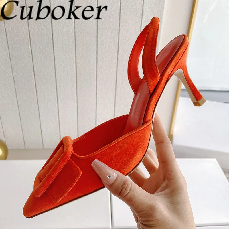 

Женские замшевые босоножки на высоком каблуке, с острым носком