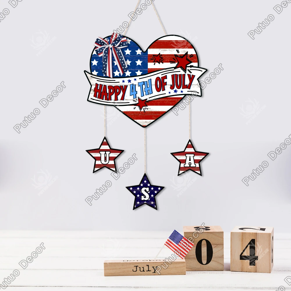 

Putuo Decor Heart Shaped Wooden Decor, Happy 4th of July USA,Hanging Decor for Home Farmhouse Cafe Porch,Independence Day Gift