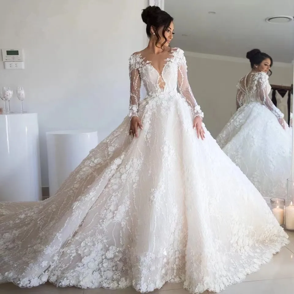 

Luxury Wedding Dresses Lace Appliqued Bridal Gowns 3D Flowers Beaded Long Sleeve Sexy Marriage Dresses 2023 Vestidos De Novia