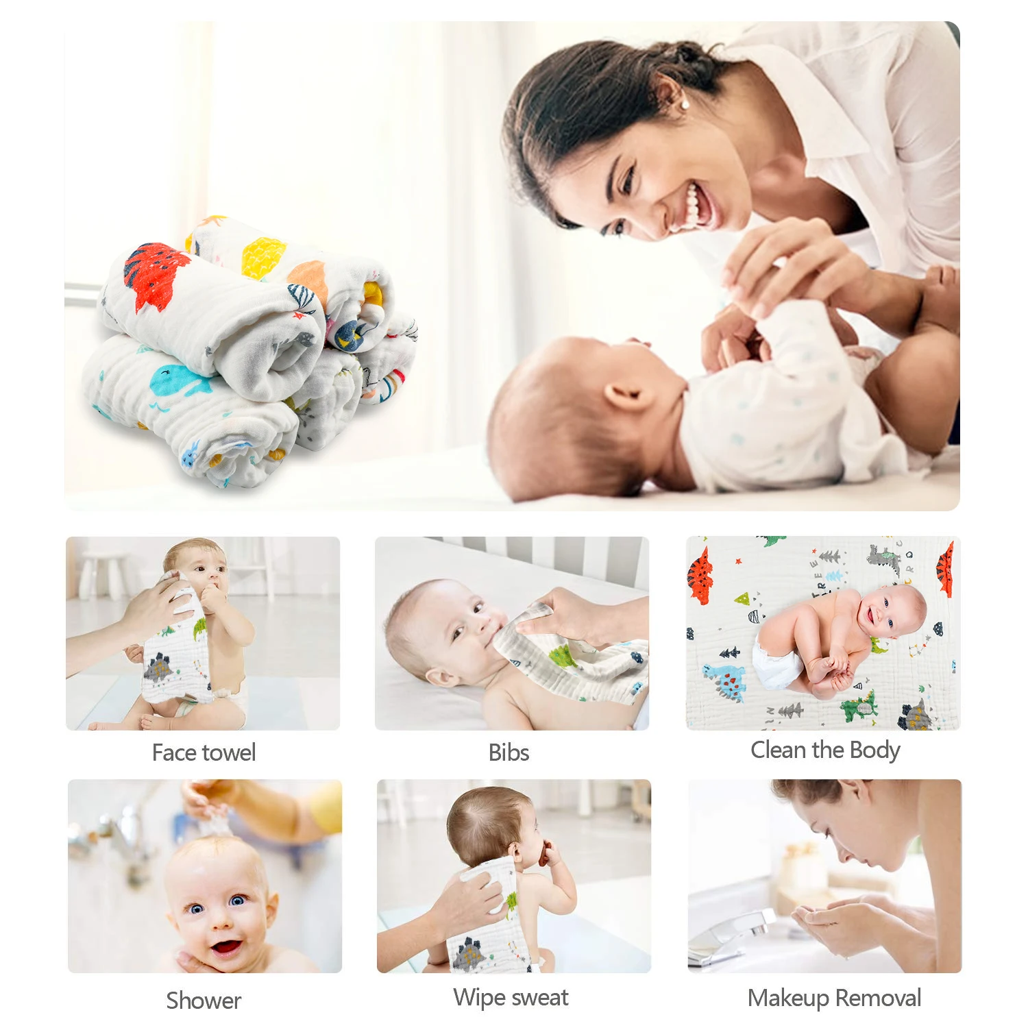 5pcs Baby Muslin Squares 70x70cm Muslin Cloths for Baby 6 Layer Super Soft and Absorbent Face Cloths