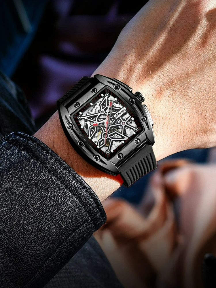 AILANG Herren Automatik-Mechanische Uhr - Tonneau Skelett-Zifferblatt 3ATM Wasserdicht Herrenuhr Leuchtende Gummiarmband Armbanduhr – Detail 4