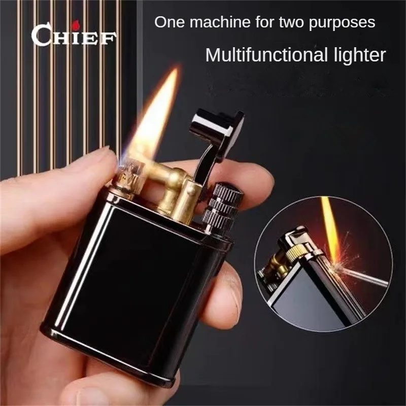 

Vintage Double Flame Kerosene Lighter Old style Grinding Wheel Lift Arm One Machine Dual Purpose Lighter Personalized Men's Gift