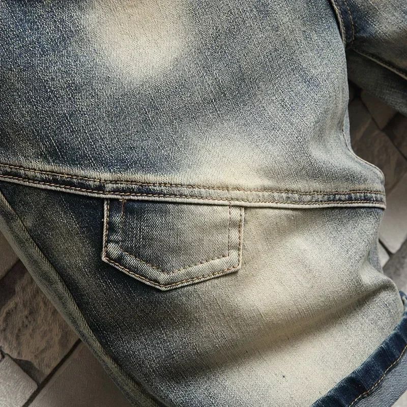 Denim Shorts Summer Jeans Shorts Summer Men's Stretch Denim Shorts Retro High Street Style Old Slim Fit Short Jeans Splicing Design 98% Cotton