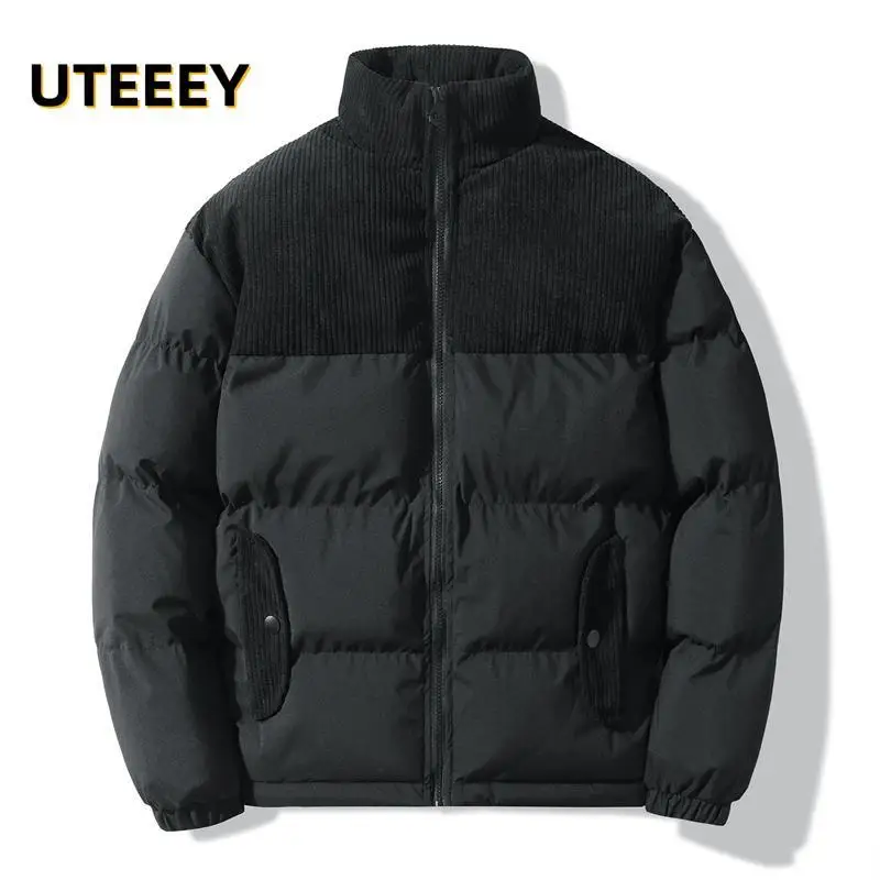 

2023 Winter Down Jackets For Men Corduroy Patchwork Cotton Padding Outdoor Casual Parkas Stand Collar Loose Male Overcoat Coats