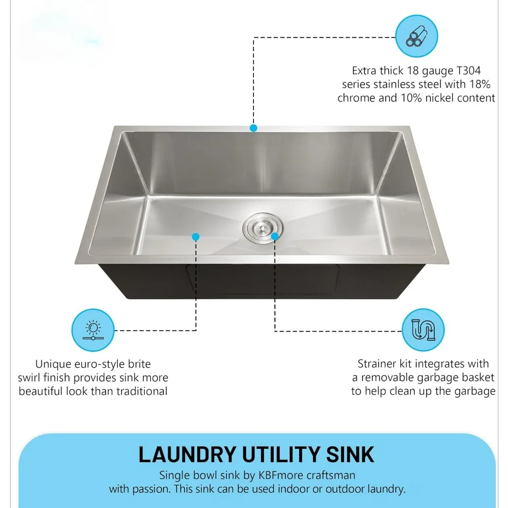 30 Inch Deep Rust and Utility Sink, 18 Gauge Undermount Single Bowl Design with Stainless Steel Sink Strainer, Kitchen Sinks