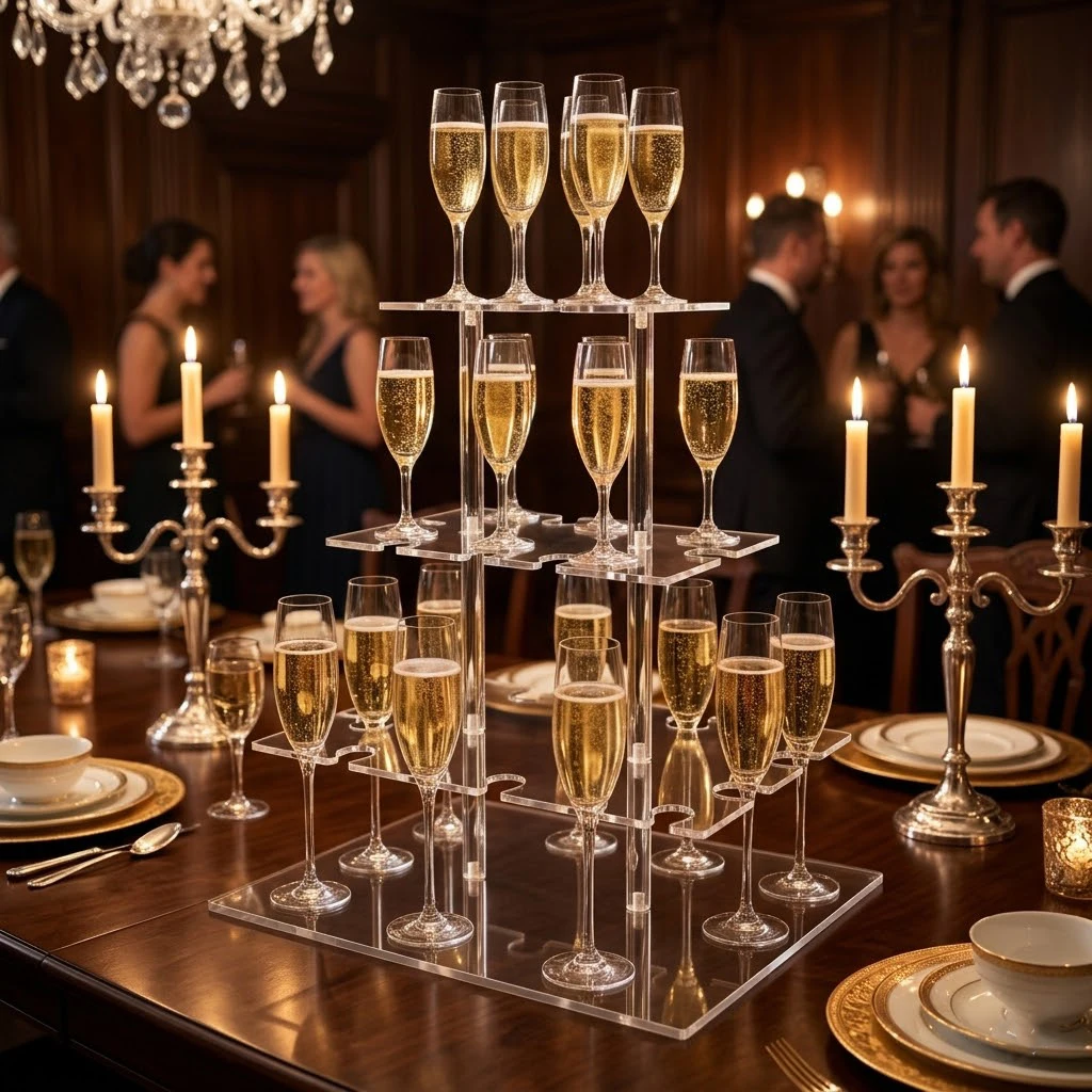 Acrylic Champagne Tower Stand with 32 Slots, 4 Tier Clear Cocktail Glass Tree Stand for Wedding, Champagne Flute Display Holder for Bridal Shower, Baby Shower, Birthday, New Year Party 6