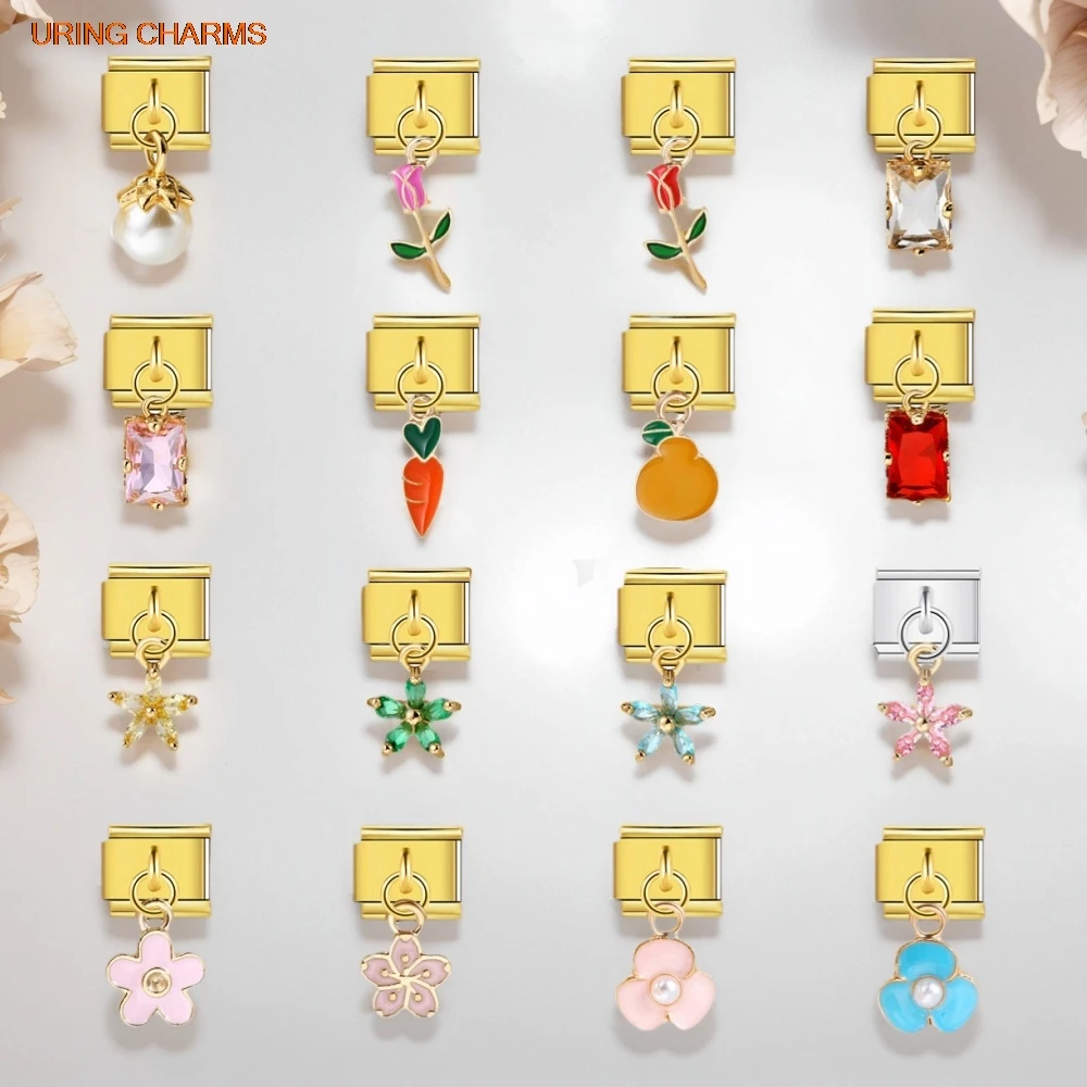 URING 9mm Trendy Blütenblatt Wassertropfen Pflaumenblüte Orange Anhänger Charm Italienischer Link Fit 9mm Edelstahl Schmuck Perlenherstellung DIY