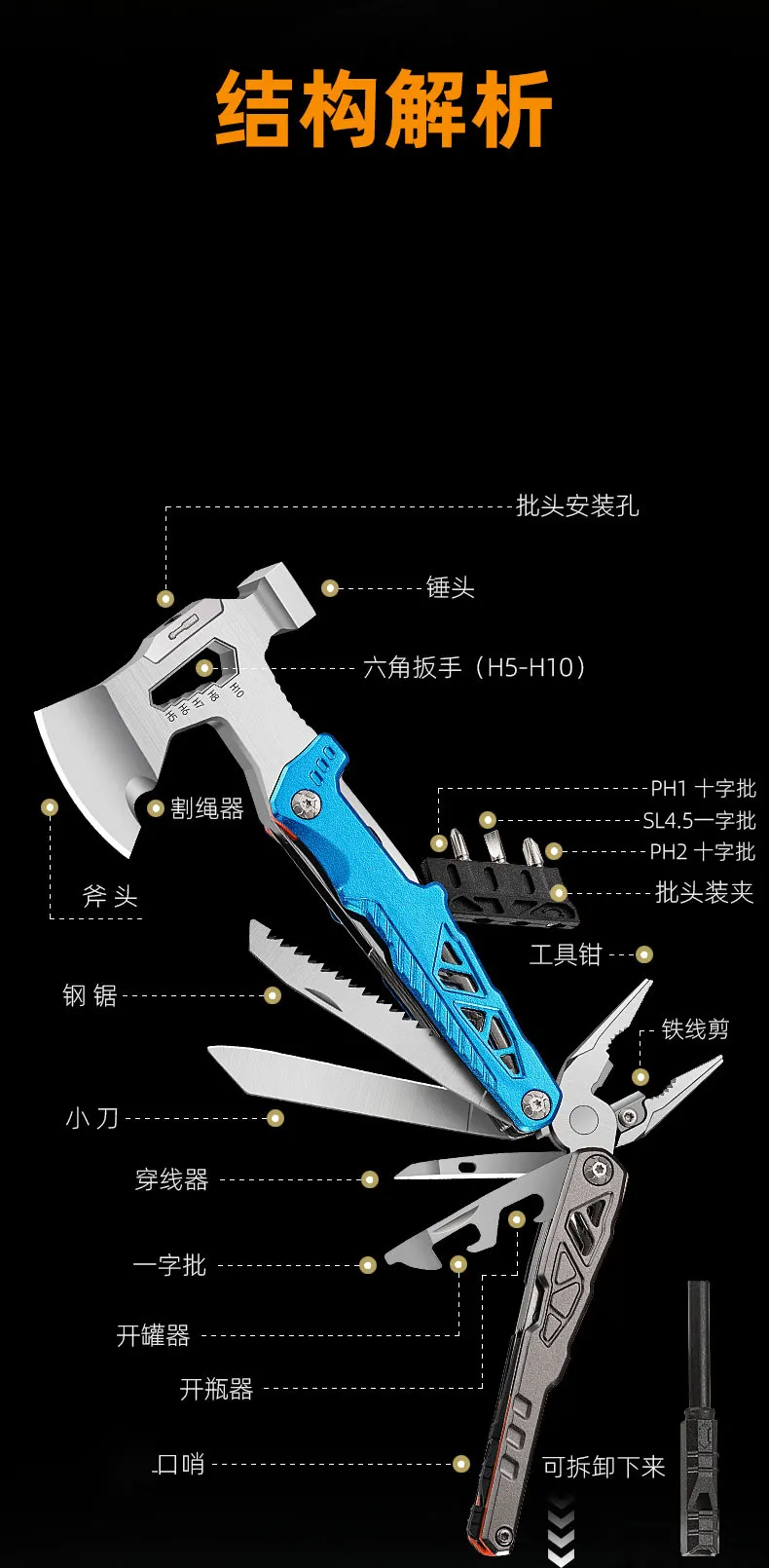 Car mounted outdoor multifunctional axe, hammer pliers, chopping wood tactical axe, camping survival chopping wood axe 2