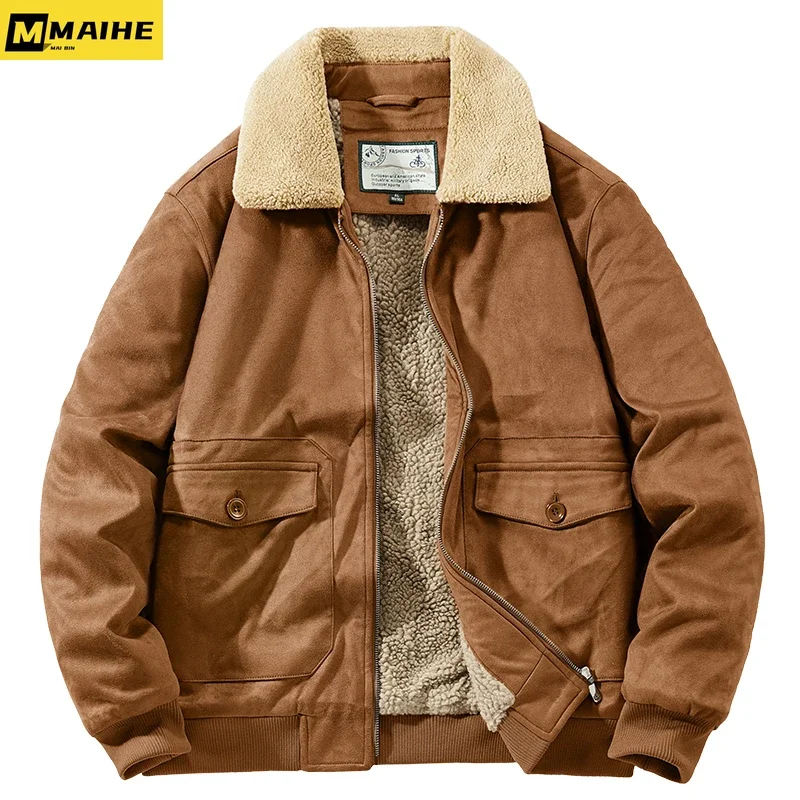 2023 New men's Winter jacket lapel Tactical buckskin wool Thermal Bomber Jacket Casual men's green vintage army green hunting co
