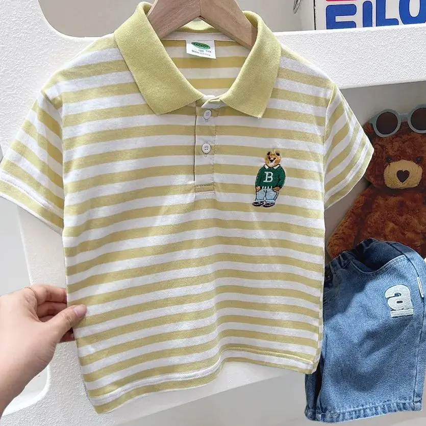 Boys Short Sleeve Tee Polo Shirt For Children 2025 Kids Clothes Striped Graphic Bear T-Shirt Summer Clothes Toddler Casual Tops - 4