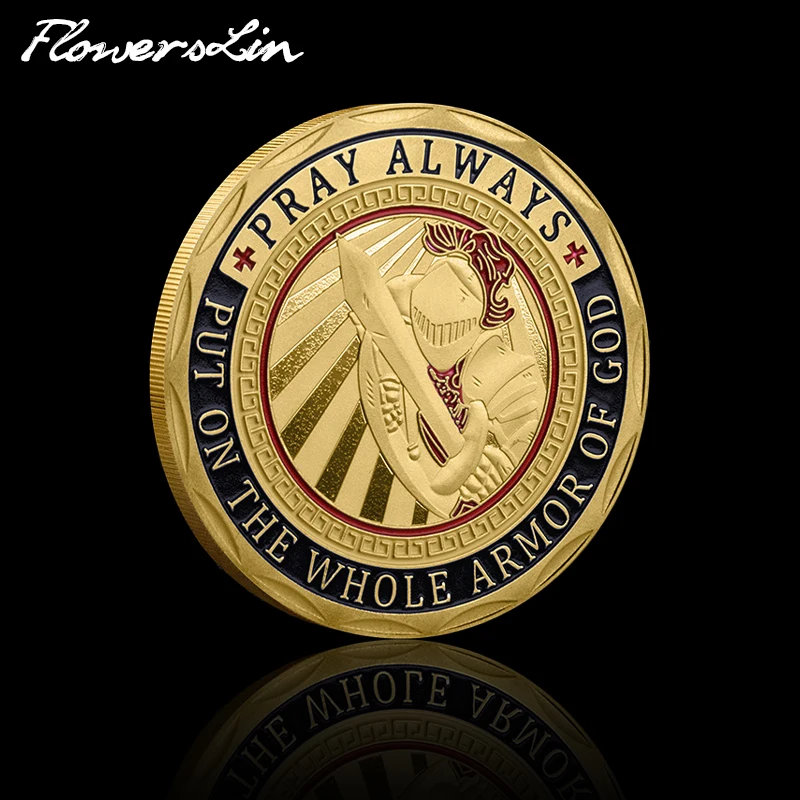 

[FlowersLin] Amecian Military Challenge Coin Put On The Full Armor of God Souvenir Coin Soldier Pray Always Badge Collectible