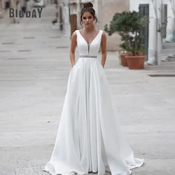 Elegant Satin Wedding Dresses With Pockets V-Neck A -Line Open Back Bridal Party Gowns Sequin Sweep Train Vestidos De Novia 2024