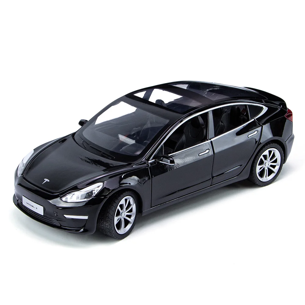 1:24 Scale Diecast Electric Car Tesla Model 3 New Energy Vehicle Metal Model With Light And Sound Pull Back Alloy Toy Collection