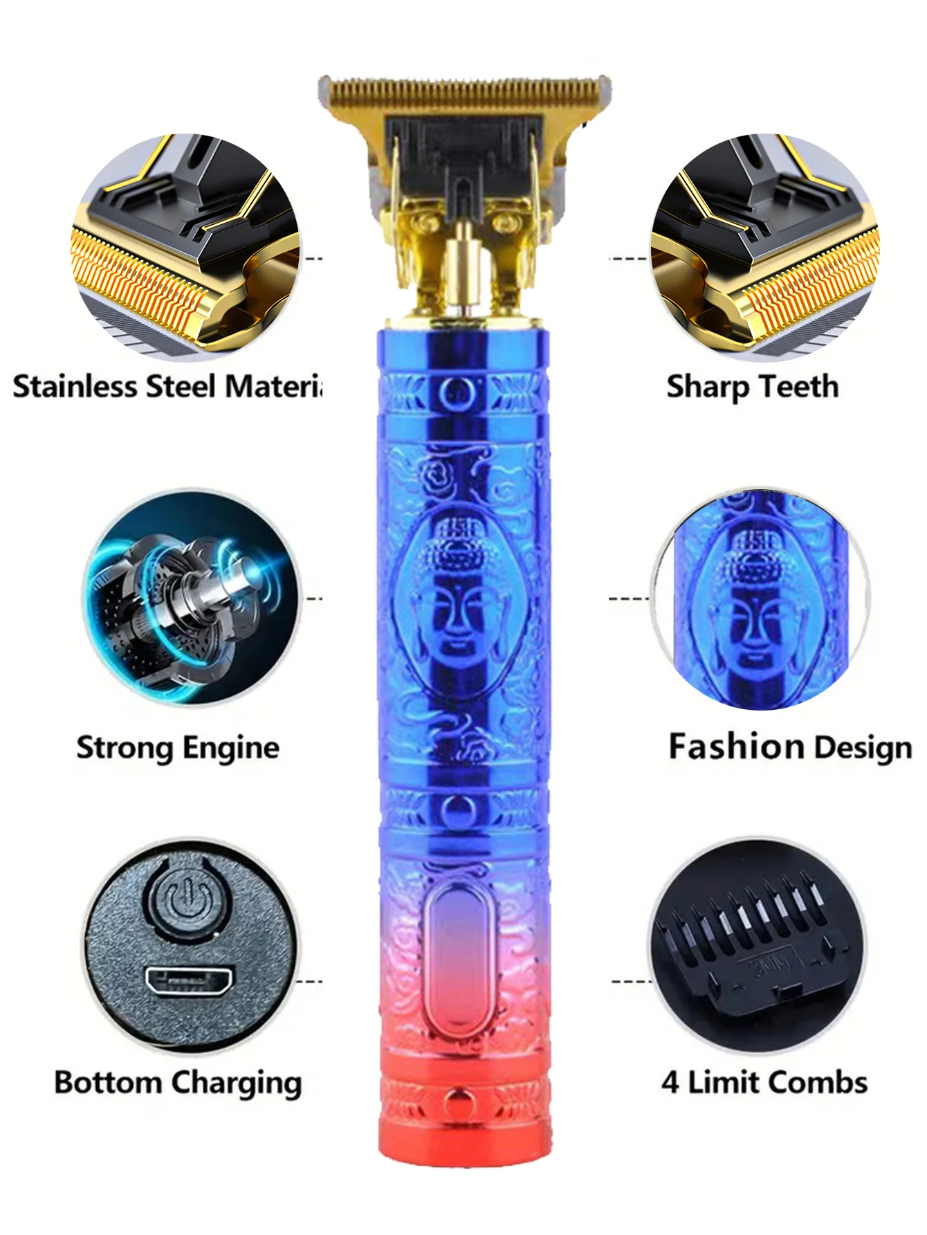 Description Picture 4 of itemElectric hairdresser, blue and Red Buddha (6-piece set) professional hairdresser, rechargeable retro oil head push