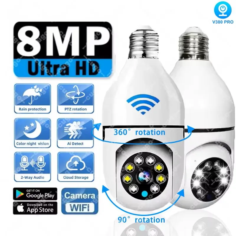 กล้องวงจรปิดหลอดไฟ 8MP E27 แบบ Wifi IP PTZ ซูม 10 เท่า มองเห็นสีในเวลากลางคืน ติดตามบุคคล ระบบรักษาความปลอดภัย กล้องดูเด็ก 1