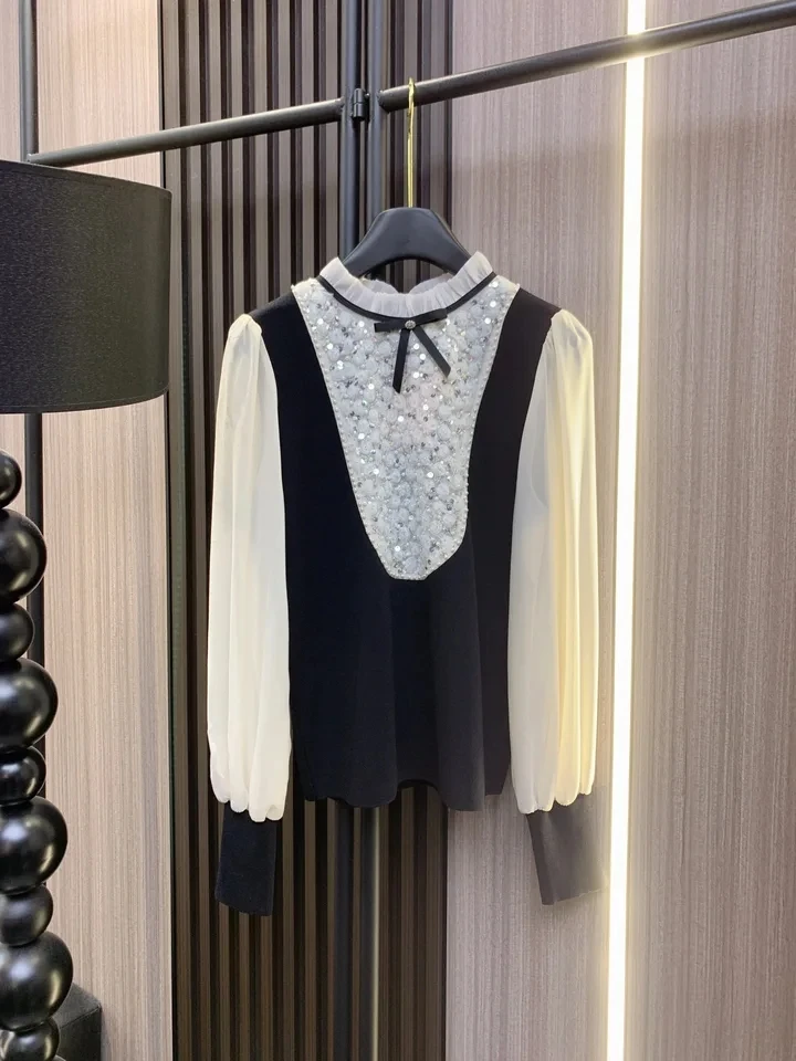 

2024 Spring Autumn Casual New Women Beading Bow Long Sleeve Blouse T-Shirt Tee for Ladies 2 Color