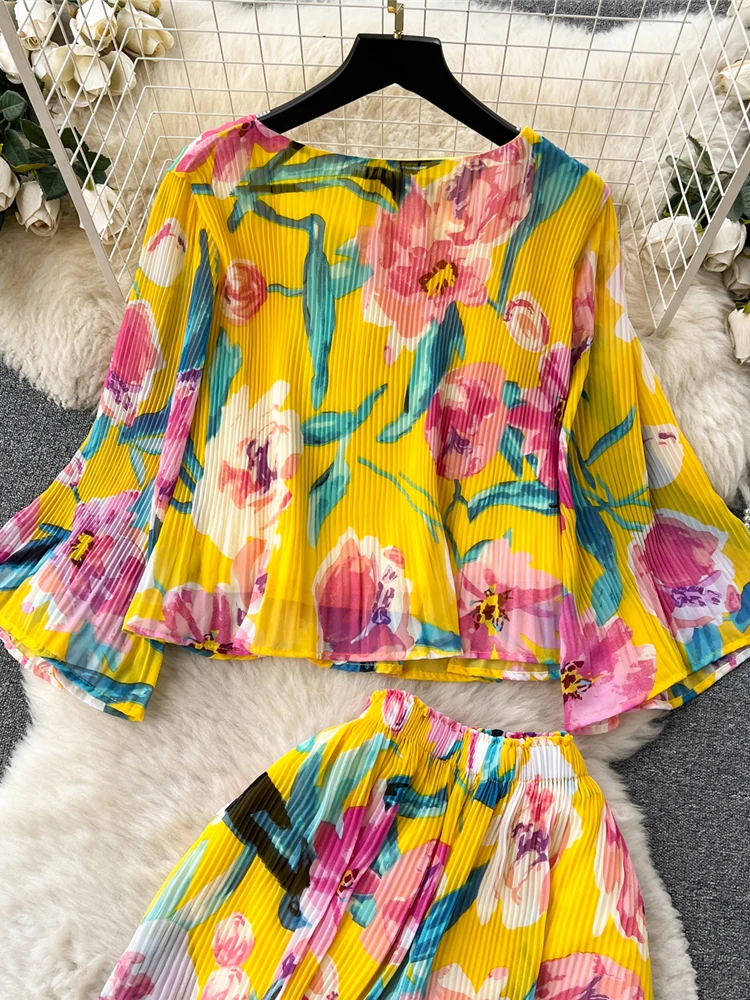 Autumn Women Draped Two Piece Set Bohemian Female Floral Pleated Short Blouse + High Waist Wide Leg Pants Chiffon Suit 2Pcs New