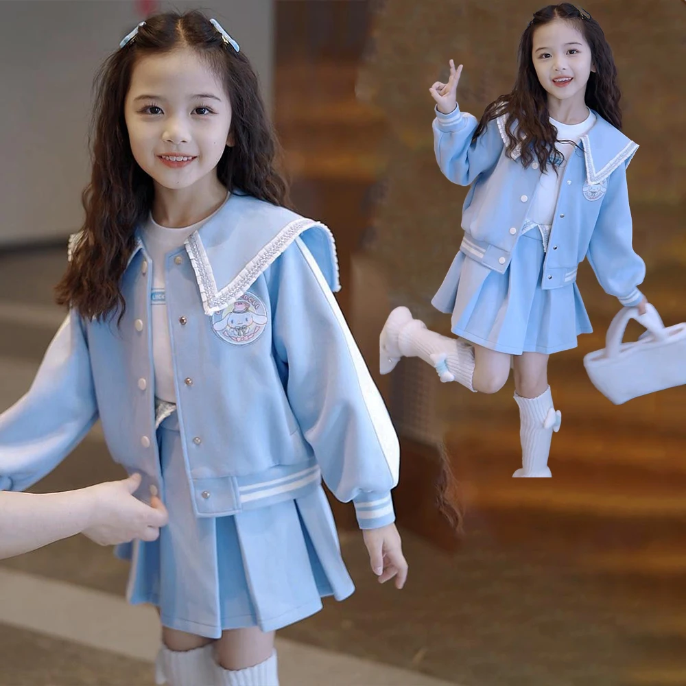Girls coat Sanrioed Girls Sets Cinnamoroll Anime Coat T-Shirt Pleated Skirt Pants Y2K Korean Clothing