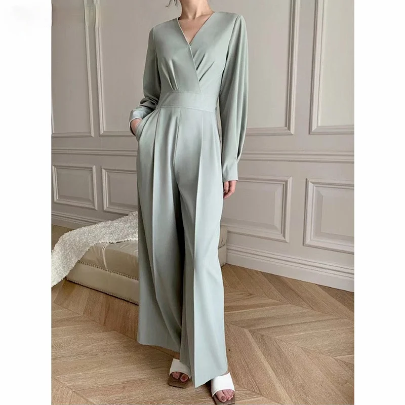 Office Ladies V-neck Full Sleeve Ladies Jumpsuit Elegant Temperament Slim Wide Leg Loose Jumpsuit Ladies Jumpsuit Spring 2023 2023 new spring summer fashion elegant one button thin suit jacket ladies temperament slimming commuter thin lace top