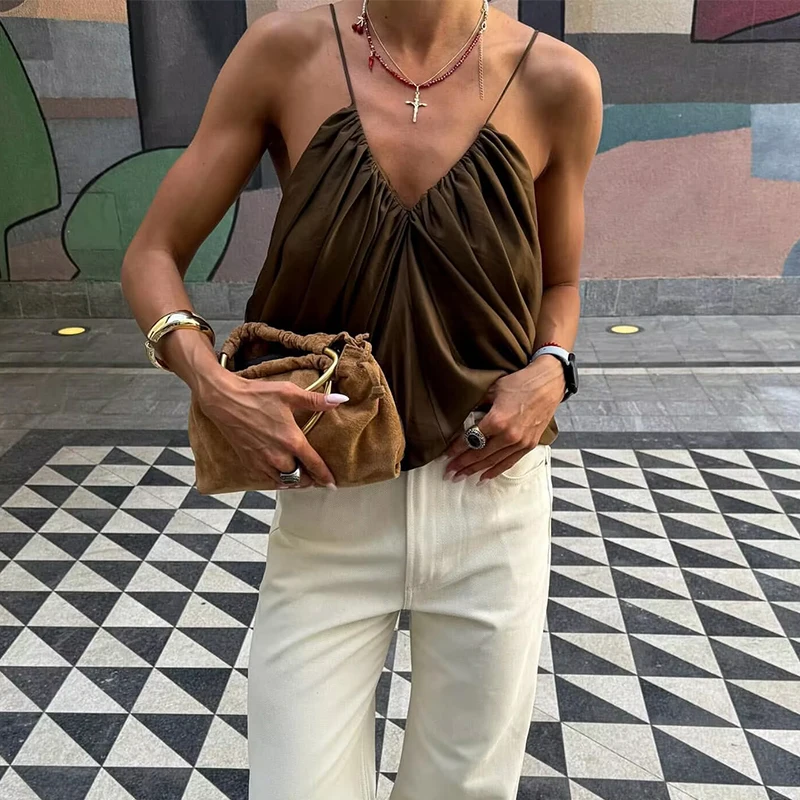 Women's Slip Tops Fashion Satin Pleated V-Neck Sleeveless Top Summer Sexy Female Chic Tops - 2