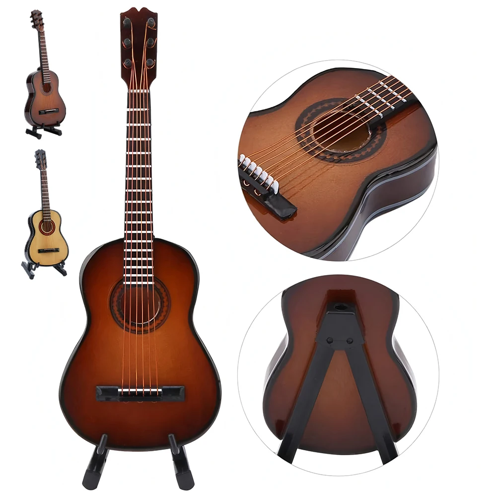 Wooden Miniature Guitar with Stand Miniature Musical Instrument Musical Instrument Replica for Miniature Model Decor Gift