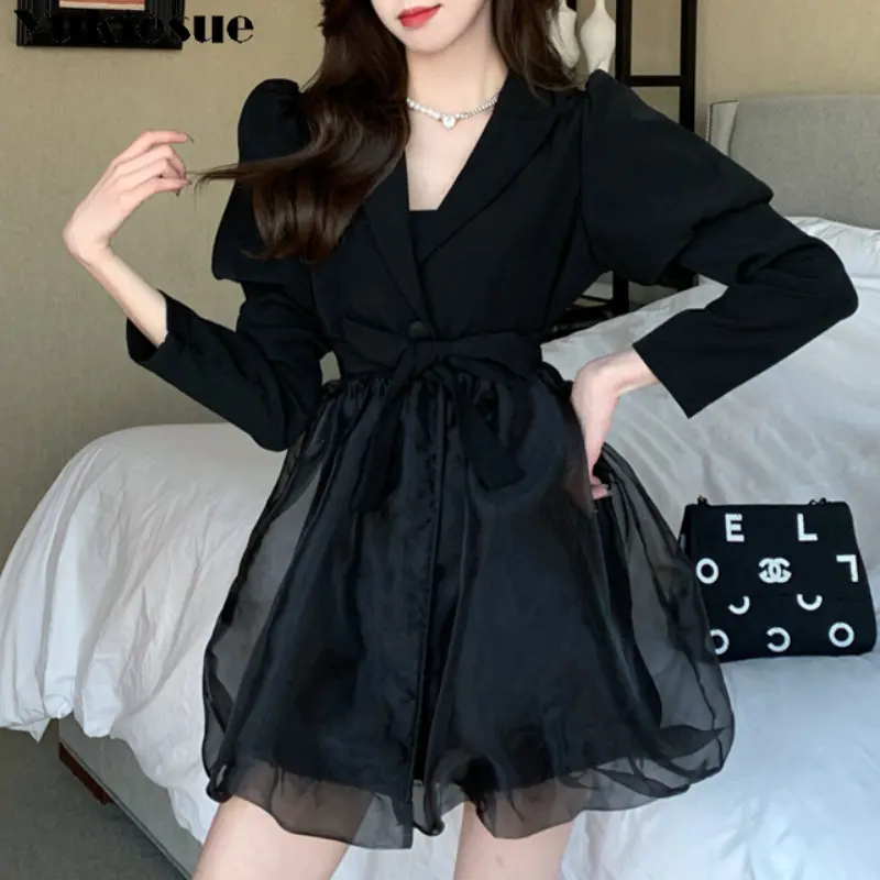 

Spring Summer Hong Kong Style Fashion Leisure Temperament Suit Collar Organza Dress Long Sleeve Flower Bud Dress Aestheticism