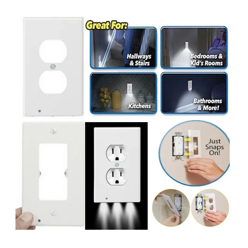 Duplex Electrical Outlet Modern Plugboard Plug-In Electrical Receptacle Wall Plate with LED Night Lights-Auto On/Off Sensor Wall Touch Switch Socket