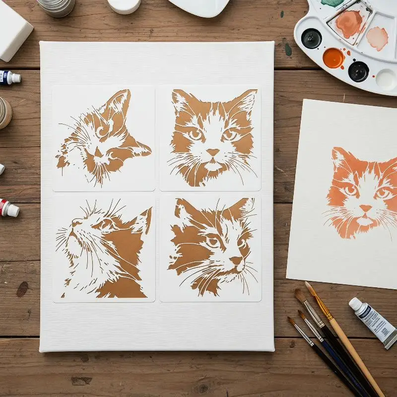 4개 세트 고양이 스텐실 그림 그리기용 재사용 가능한 속이 빈 플라스틱 몰드, 아트 저널링 및 카드용 새끼 고양이 패턴 포함