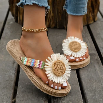 Women's fashion trend Linen Sunflower non-slip wear comfortable soft sole flat flip-flops 1