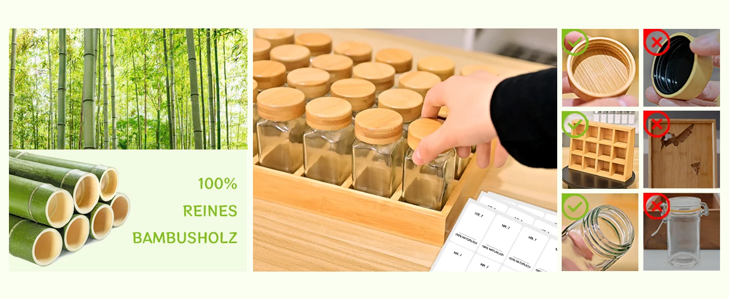 Natürliches Bambus-Gewürzregal mit 12 120 ml Glas-Gewürzgläsern, mit Bambusdeckeln und DIY-Etiketten, leicht zu bewegen zur Gewürzaufbewahrung – Detail 2