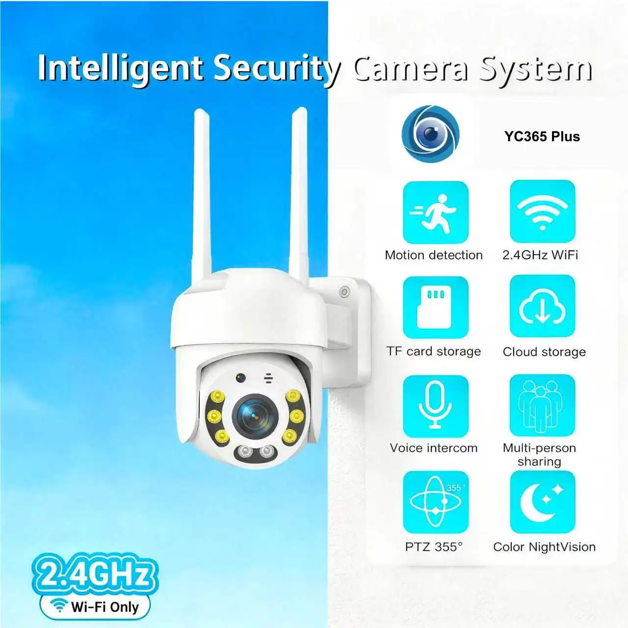 Caméra de sécurité WiFi PTZ 2,4 GHz extérieure avec suivi automatique des personnes, alarme sonore et lumineuse, communication bidirectionnelle, vision nocturne couleur, pour la surveillance à domicile, la cour, le garage, la boutique 1