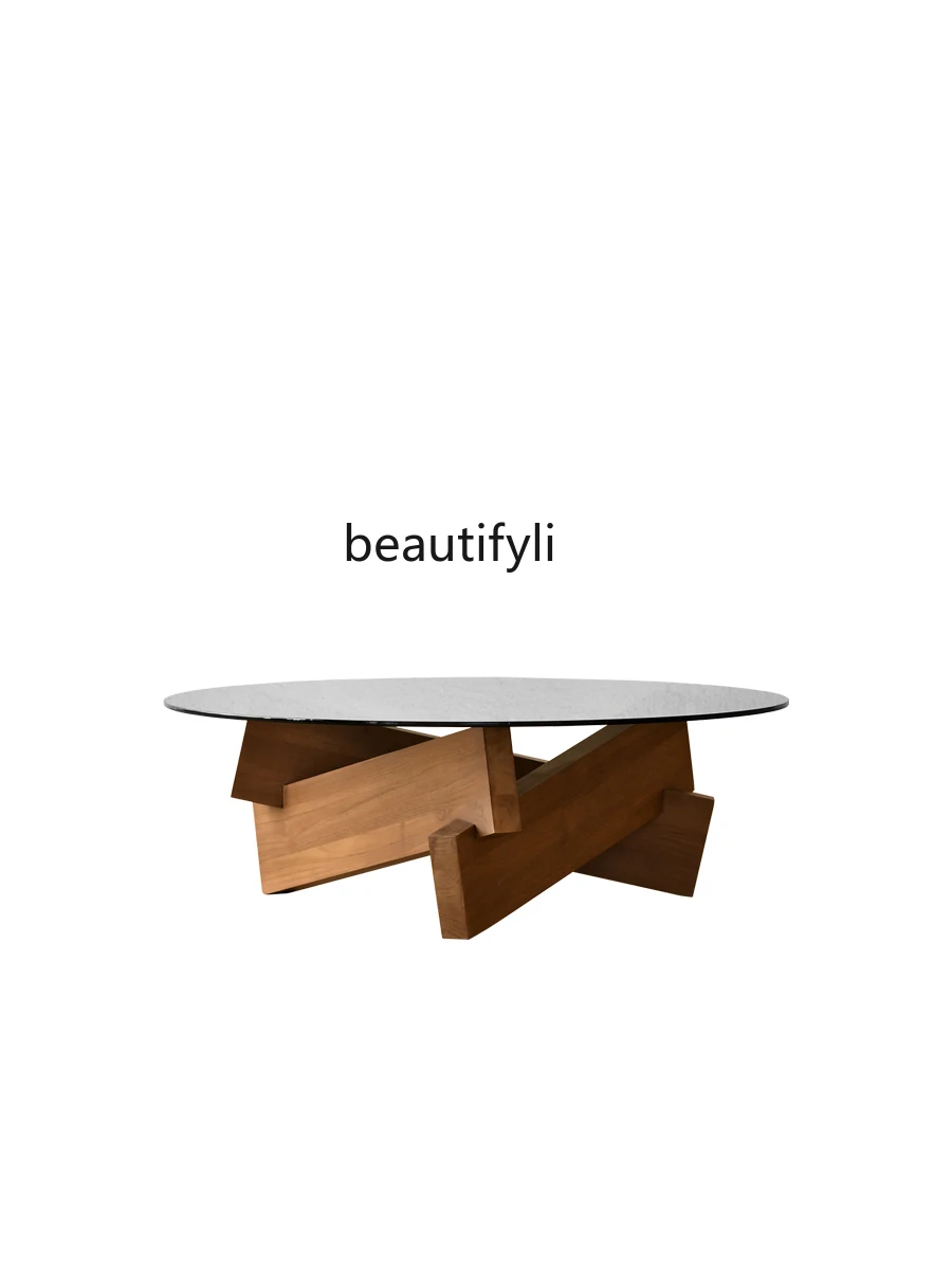 

Nordic Simple Creative Tea Table Teak Solid Wood Minimalist Japanese Style round Glass Tea Table coffee table for living room