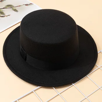 Hat Women's Woolen Top Hat Autumn and Winter Black Vintage Gentleman English Style Flat Top Stage Accessories Top Hat