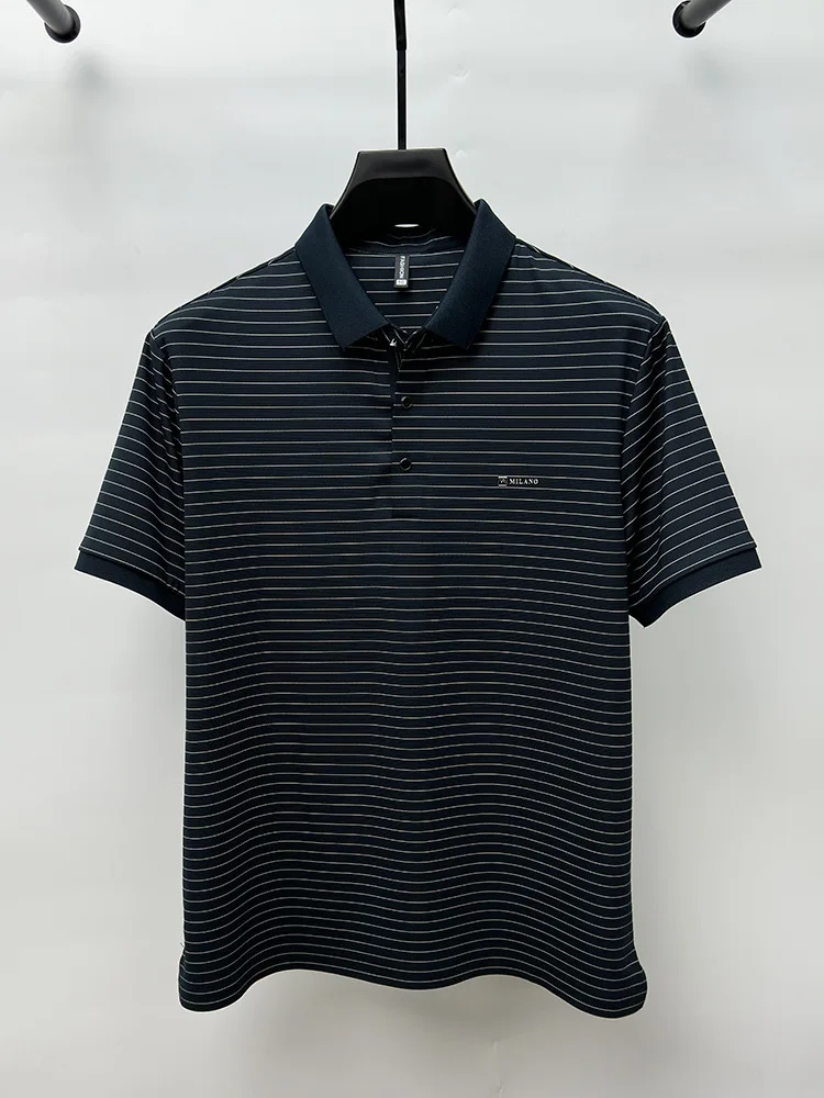 Advanced Ice Silk Breathable Short sleeve T-shirt for Men's 2024Summer New Trendy Stripe Letter Print Business Casual Polo Shirt 19 S759e2d921f94490abd9a9eb8ae48fa3ag