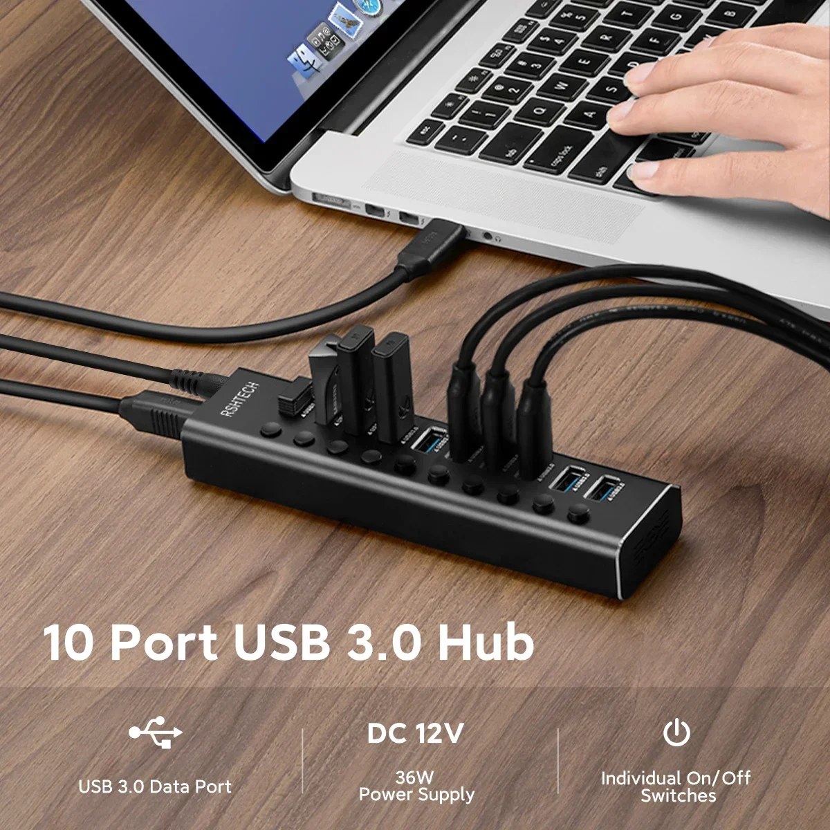 RSHTECH RGB Powered USB Hub, 7-Port USB 3.0 Hub USB-C Splitter With 14 RGB Lighting Modes, 3.3ft