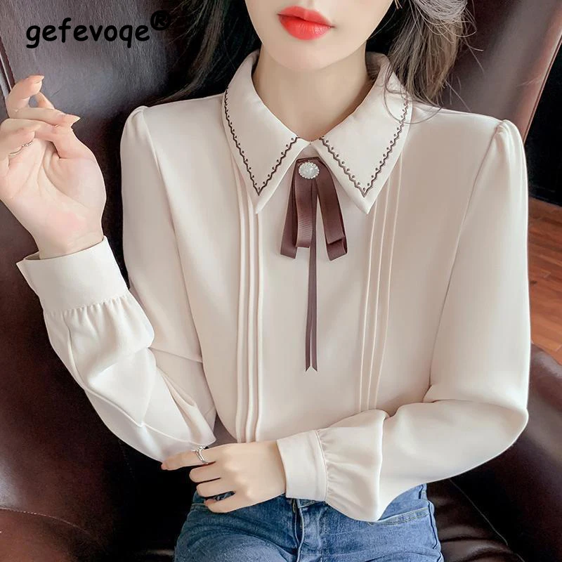 Women's Embroidery Pleated Bow Elegant Blouse Trendy Long Sleeve Solid Chic Tops Casual Slim Office Lady Shirts Chemisier Femmes