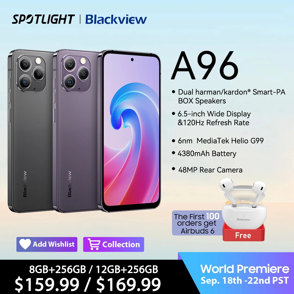 [Prima Mondiale] Display Blackview A96 12Gb 256Gb, 8Gb 256Gb, 6.5 ''120Hz 2.4K, Android 13 Helio G99,48Mpcamera, Versione Globale